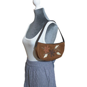 Brown Suede Baguette Shoulder Bag Y2K Floral Patchwork w/ Detachable Coin Purse